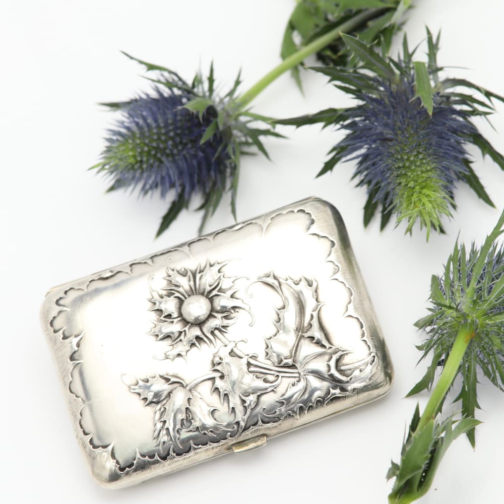 Art Nouveau Blue Thistle Silver Cigarette Case circa 1900 - Golconda Jewelry