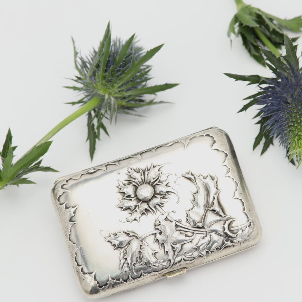 Art Nouveau Blue Thistle Silver Cigarette Case circa 1900 - Golconda Jewelry