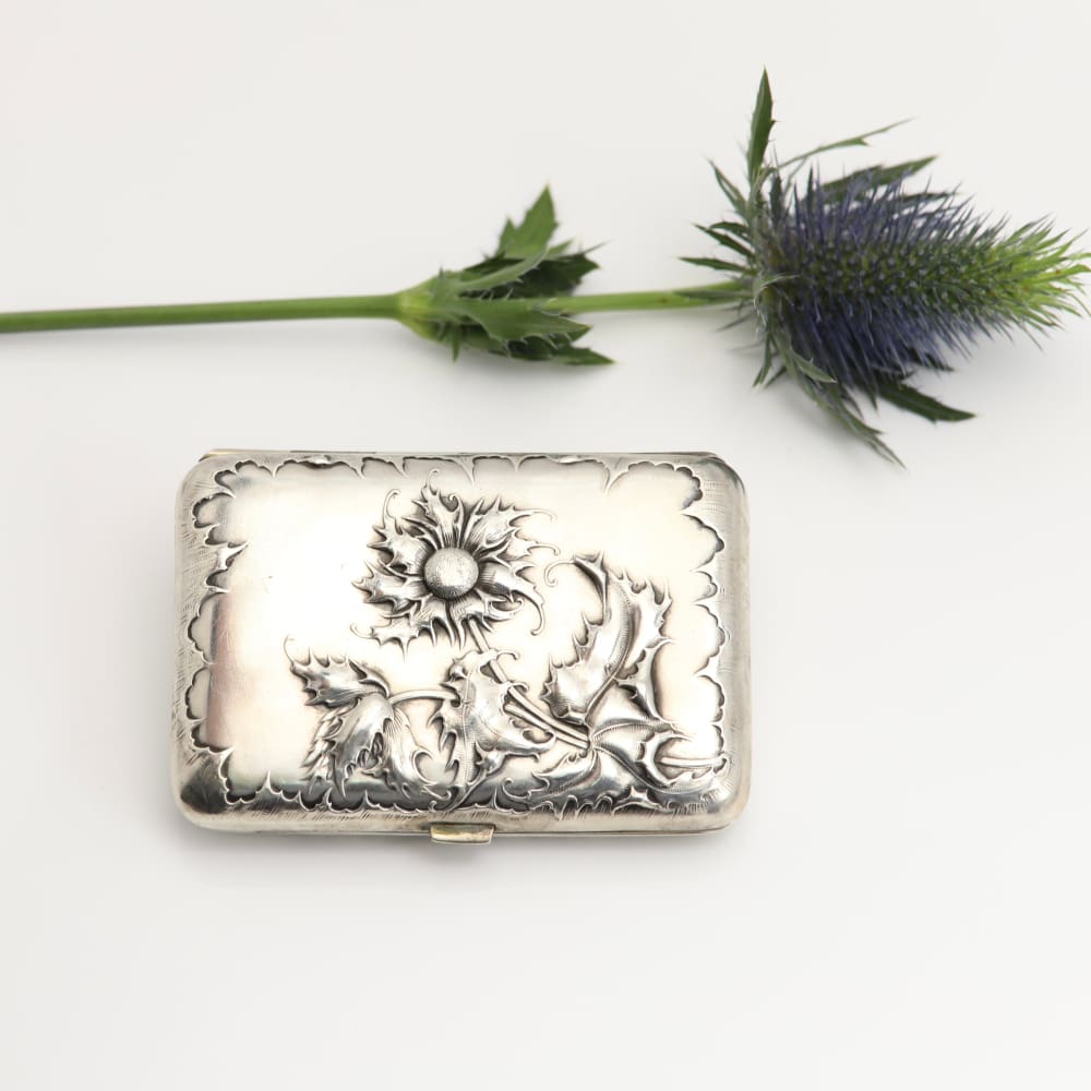 Art Nouveau Blue Thistle Silver Cigarette Case circa 1900 - Golconda Jewelry