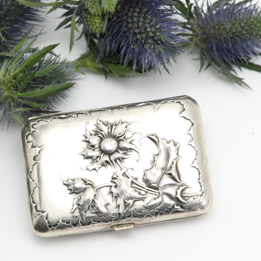 1900 cigarette case Art Nouveau Blue Thistle Silver Cigarette Case, circa 1900 1900 cigarette case Art Nouveau Blue Thistle Silver Cigarette Case, circa 1900