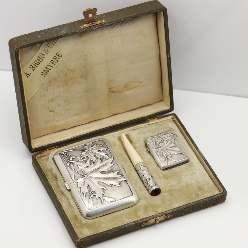Art Nouveau Silver Maple Smoking Set - Golconda Jewelry