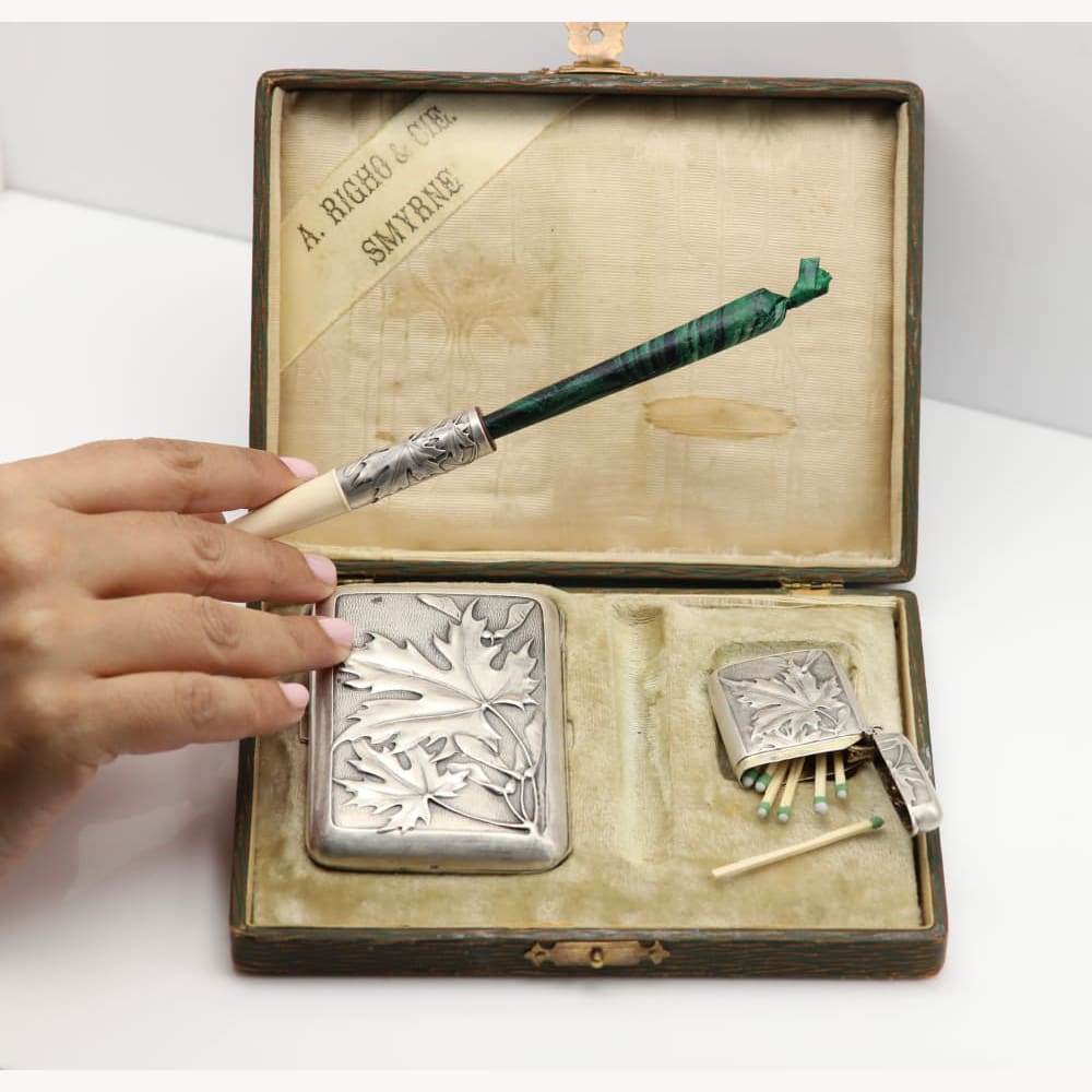 Art Nouveau Silver Maple Smoking Set - Golconda Jewelry