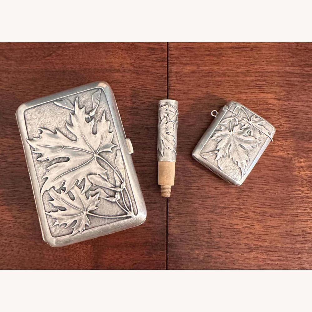 Art Nouveau Sterling Silver Maple Smoking Set - Golconda Jewelry