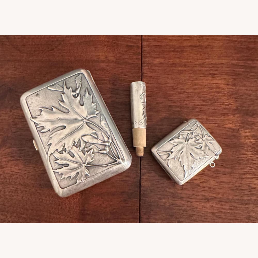 Art Nouveau Sterling Silver Maple Smoking Set - Golconda Jewelry