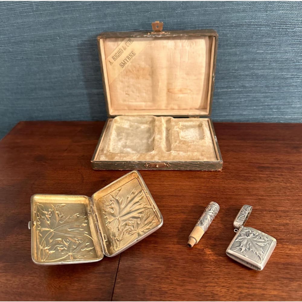 Art Nouveau Sterling Silver Maple Smoking Set - Golconda Jewelry