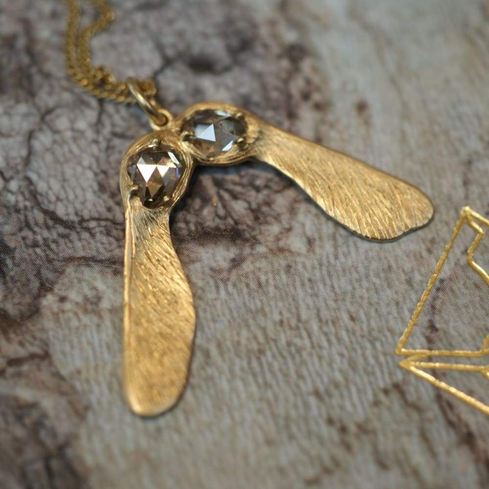Sacred Seed Antique Diamond &amp; Gold Maple Key Pendant - Golconda Jewelry